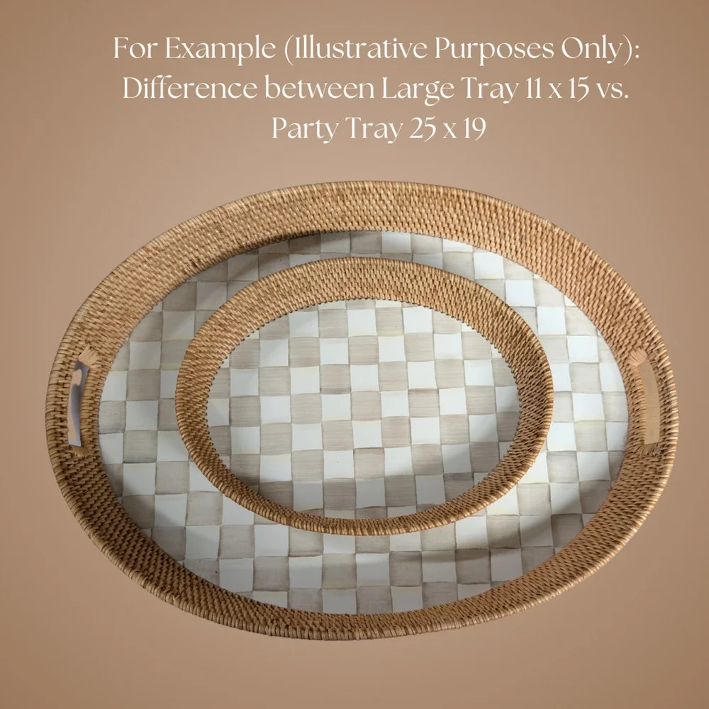 MacKenzie Childs Rattan Enamel Serving Tray Mocha Check Large Oval Tan